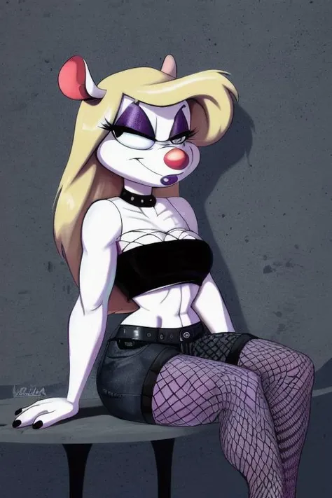 Minerva Mink (Animaniacs), <lora:v2GothicC:0.8>, GothicC, (purple) makeup, (purple) lipstick, mascara, black nails, sitting, staring, shorts, (fishnets), tube top, best quality, masterpiece, highres