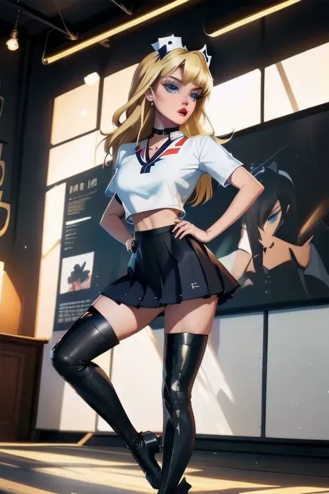 beautiful, masterpiece, best quality, ((adult)), extremely detailed face, perfect lighting, 1girl, solo, photorealistic, hi res, hyperdetailed , ultrarealistic
Serafuku/ school outfit: Nurse, 1girl, long hair, breasts, blue eyes, skirt, blonde hair, large breasts, shirt, thighhighs, navel, school uniform, white shirt, short sleeves, boots, serafuku, alternate costume, midriff, black thighhighs, miniskirt, sailor collar, black footwear, high heels, blue skirt, zettai ryouiki, crop top, makeup, thigh boots, lipstick, eyeshadow, high heel boots, hands on hips
GothicC