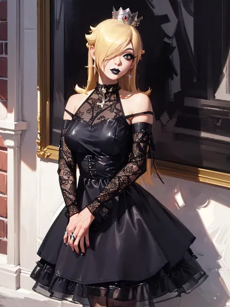 (best quality, ultra-detailed, best illustration, best shadow, masterpiece, high res, professional artwork, famous artwork), (1girl, solo),  <lora:concept_changeACharacterGothic_gothiccv10_(GothicC):0.8>, GothicC, rosalina, (black hair:1.5, dyed hair), hair over one eye, black lipstick, black eyeliner, black dress, crown, pale skin, fishnet