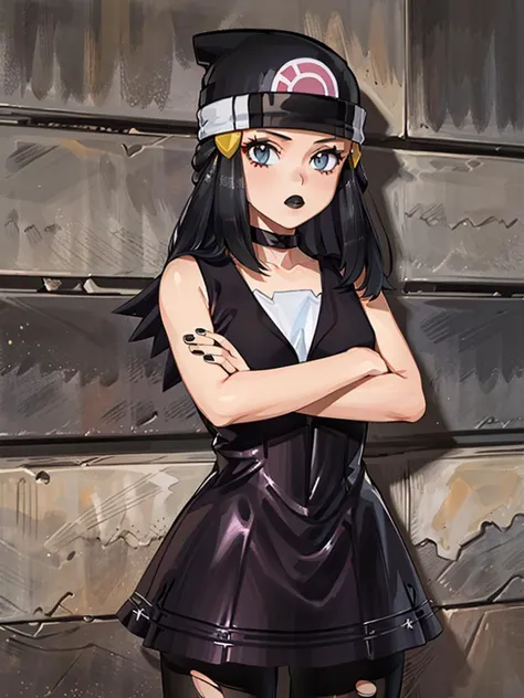 (best quality, ultra-detailed, best illustration, best shadow, masterpiece, high res, professional artwork, famous artwork), (1girl, solo),  <lora:concept_changeACharacterGothic_gothiccv10_(GothicC):1>, GothicC, character_pokemon_dawn, (black hat:1.5, black beanie:1.5), black eyeliner, pink skirt, black lipstick, choker, torn clothes, ripped clothes, crossed arms