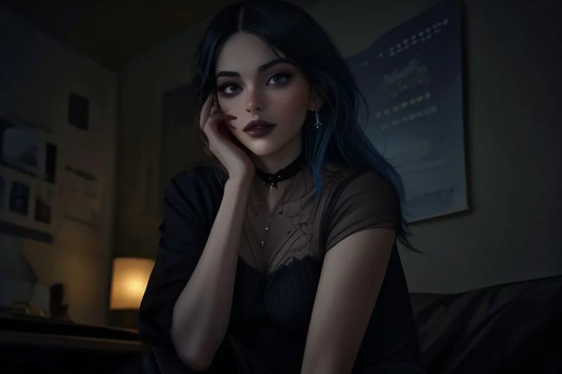 too cute to be true, 18years old, night sky, close-up, messy hair, in a dimly lit modern apartment, looking at viewer, pure sleep, night, lineart, female, girl, feminine, woman, (skinny:1.4), (flat chest:1), GothicC,makeup, negligee,,Blue hair,messy hair, fine-details, flat-colors, hatched-texture, detailed face, (detailed eyes:1.1), masterpiece, clear, in-focus, clean lines,