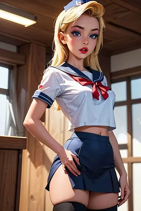 beautiful blonde teenage (((girl))) sitting on a bed, windswept hair, blue eyes, yellow short-sleeved shirt, short black skirt, navy-blue blazer with yellow crest, white socks, black shoes, high definition, uhd, 8k, cinematic lighting, erotic pose, belly button, small bum, small breasts, blue cotton panties hyperrealistic