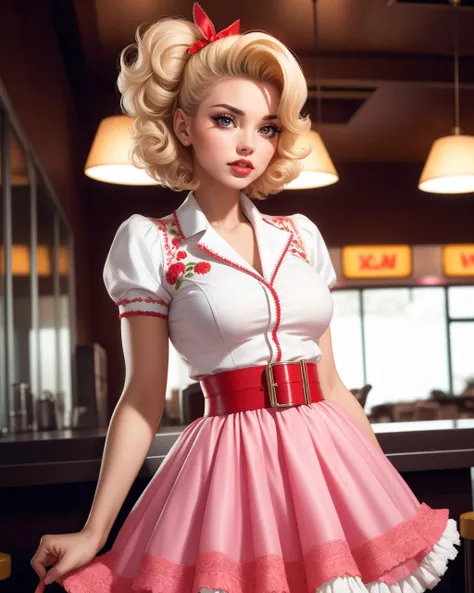 cinematic film still photogenic beautiful adult woman, Person_SanaLantana, best quality, high quality, high detail, standing, rim lighting red lips, textured skin, indoors, 50s fashion, ((voluminous embroidered hemmed petticoat poodle skirt)), cotton, lace, ((shirtdress)), (hair ribbon),(belt), strict, high ponytail classic diner background, nostalgic vibe, bright colors, cinemascope, detailed, 8k resolution, photo by Inez and Vinoodh . shallow depth of field, vignette, highly detailed, high budget, bokeh, cinemascope, moody, epic, gorgeous, film grain, grainy