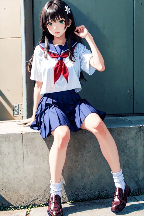 saten_ruiko, <lora:saten_ruiko-06:0.6>, 1girl, solo, long hair, skirt, shirt, black hair, hair ornament, holding, school uniform, green eyes, white shirt, flower, short sleeves, pleated skirt, shoes, serafuku, socks, hair flower, sailor collar, black footwear, blue skirt, neckerchief, brown footwear, white socks, blue sailor collar, loafers, red neckerchief, sakugawa school uniform, best quality, amazing quality, very aesthetic, absurdres