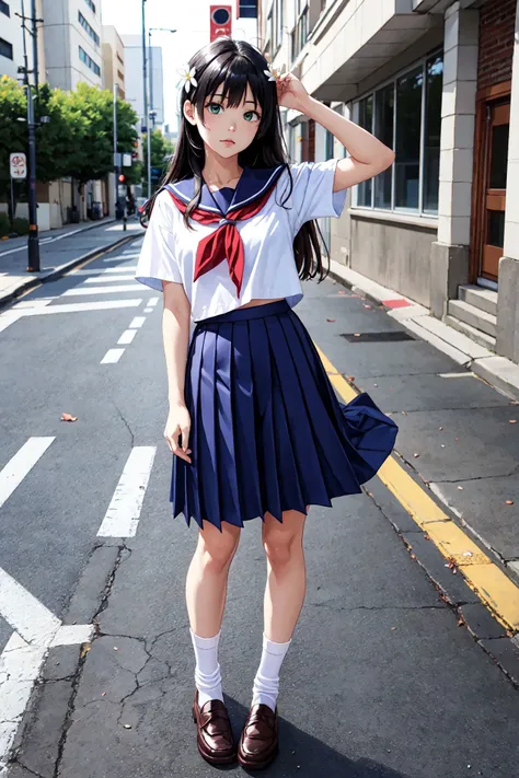 saten_ruiko, <lora:saten_ruiko-06:0.6>, 1girl, solo, long hair, skirt, shirt, black hair, hair ornament, holding, school uniform, green eyes, white shirt, flower, short sleeves, pleated skirt, shoes, serafuku, socks, hair flower, sailor collar, black footwear, blue skirt, neckerchief, brown footwear, white socks, blue sailor collar, loafers, red neckerchief, sakugawa school uniform, best quality, amazing quality, very aesthetic, absurdres