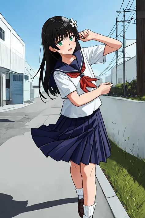 saten_ruiko, <lora:saten_ruiko-06:0.6>, 1girl, solo, long hair, skirt, shirt, black hair, hair ornament, holding, school uniform, green eyes, white shirt, flower, short sleeves, pleated skirt, shoes, serafuku, socks, hair flower, sailor collar, black footwear, blue skirt, neckerchief, brown footwear, white socks, blue sailor collar, loafers, red neckerchief, sakugawa school uniform, best quality, amazing quality, very aesthetic, absurdres