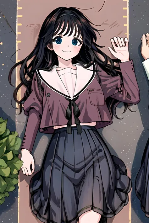 masterpiece, waguri, 1girl, solo, long hair, looking at viewer, blush, smile, blue eyes, skirt, outdoor, shirt, black hair, long sleeves, ribbon, school uniform, pleated skirt, serafuku, sailor collar, black ribbon, neck ribbon, purple skirt, long skirt, white sailor collar, black socks, loafers, (extremely detailed CG unity 8k wallpaper), (ultra-detailed), (best illustration),(best shadow), (an extremely delicate and beautiful), finely detail, (shine), Lying on the stomach, legs kicked up, <lora:WaguriKaoruko:1>