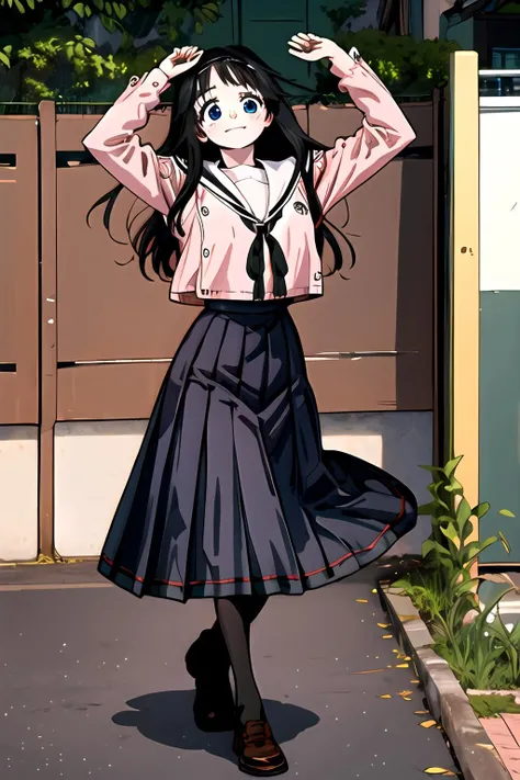 masterpiece, waguri, 1girl, solo, long hair, looking at viewer, blush, smile, blue eyes, skirt, outdoor, shirt, black hair, long sleeves, ribbon, school uniform, pleated skirt, serafuku, sailor collar, black ribbon, neck ribbon, purple skirt, long skirt, white sailor collar, black socks, loafers, (extremely detailed CG unity 8k wallpaper), (ultra-detailed), (best illustration),(best shadow), (an extremely delicate and beautiful), finely detail, (shine), Jumping with arms to the side, <lora:WaguriKaoruko:1>