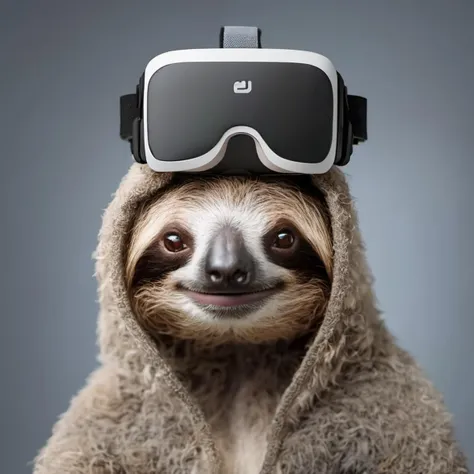 Close-up minimalist photo >of sloth> wearing VR headset,> troubadour style, >white