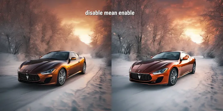 A sleek Maserati sports car with a ral-amber finish speeding through an empty highway in winter, sunset, warm tones, high speed, snow and droplets creating a misty haze around the car,> shot with a Canon EOS R5 for a vivid, cinematic effect, dynamic angle