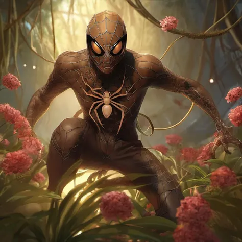 (full body:1.7), action-packed,in the style of niji3d >a woman with a brown light in his eyes and a spider suit on his body,> with flowers in the background,> Android Jones, incredibly detailed, concept art, antipodeans ((best quality)), ((masterpiece)), detailed soft oil painting, detailed background, professional, dramatic hard edge lighting,
ultra quality, extremely detailed