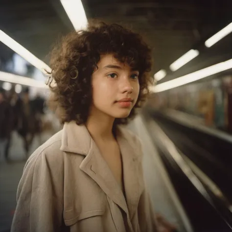 analog film photo > a 18  years old woman  with Natural Curls hair, beautiful detailed face, >standing at the subway station>, with a very cute face, pointy nose, little smile, > faded film, desaturated, 35mm photo, >grainy, vignette, vintage, Kodachrome,> stained, highly detailed