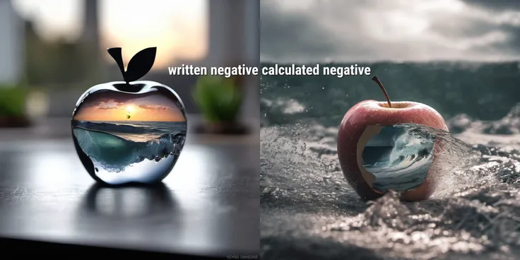 Photo of a transparent apple, with a hightly detailed, miniature stormy sea inside.> Simple background