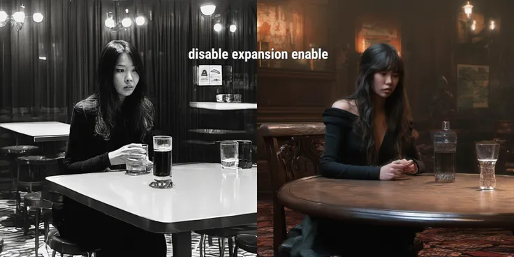 27 years old Korean girl with long hair and center parted curtain bangs, wearing a full black outfit sitting inside an empty bar looking at her empty glass, depressed and crying, dimly lit, realistic, Analog style, vhs style, 8mm film, chromatic aberration, Dvd screengrab, 80s , cinematic lighting, Live portrait photography, Contemporary photography, snapshot aesthetic, slender, high details, realsitic shadow, in motion, film still