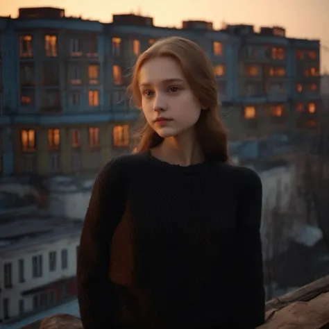 Color grainy film with scratches Konica,> Russian girl in a black sweater in the foreground, >in the background typical Soviet panel apartment buildings with tile cladding