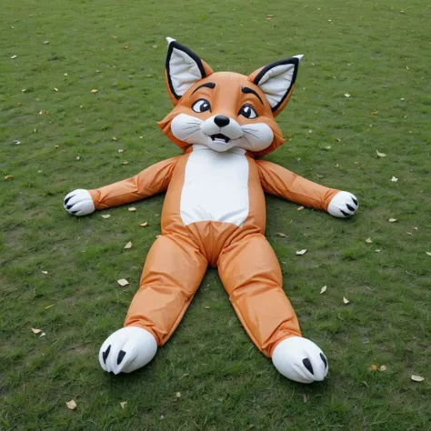 Deflated furry fox fursuit laying on the grass<lora:deflated_v2_epoch_6:1>