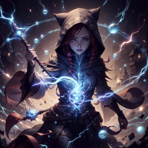 <lora:ThunderMagic-22:0.8>, thundermagic , excessive energy , charged aura,
(mage:1.1) , enchanted robe , holding staff, mage staff , hood up,red hair, long hair, 1girl,