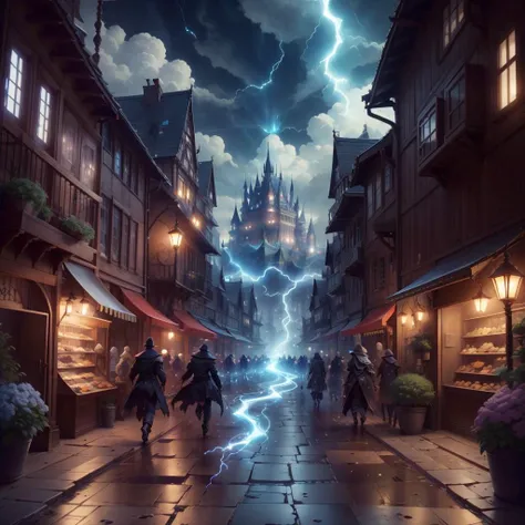 <lora:ThunderMagic-22:0.8>, thundermagic , excessive energy , charged aura,
buildings, castle , crowded, stores ,(winding alley:1.1)