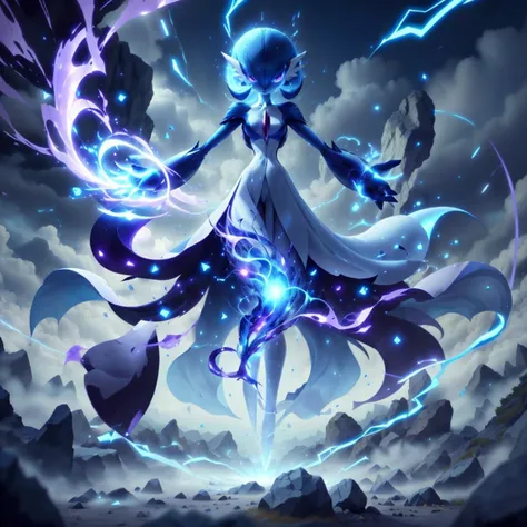 <lora:ThunderMagic-22:0.8>, thundermagic , excessive energy , charged aura,
best quality, (Masterpiece) , full body, simple background , dynamic pose, <lora:gardevoir_V2:1>, (blue hair), blue skin , hair over one eye, multicolored skin, pokemon \(creature\), purple eyes, short hair, two-tone skin, white skin , cloudy sky, wide shot, glowing eyes, floating object, rocks, gardevoir , long skirt ,