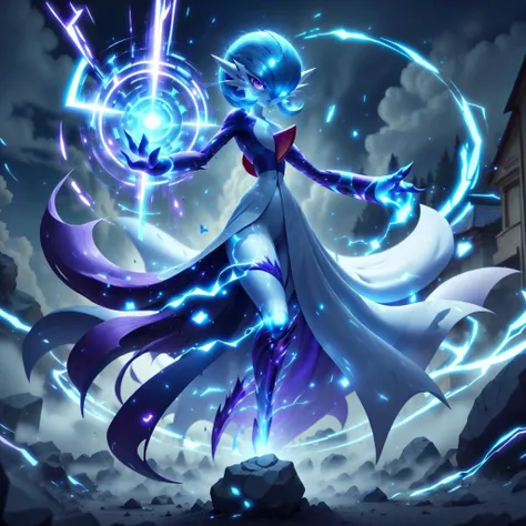 <lora:ThunderMagic-22:0.8>, thundermagic , excessive energy , charged aura,
best quality, (Masterpiece) , full body, simple background , dynamic pose, <lora:gardevoir_V2:1>, (blue hair), blue skin , hair over one eye, multicolored skin, pokemon \(creature\), purple eyes, short hair, two-tone skin, white skin , cloudy sky, wide shot, glowing eyes, floating object, rocks, gardevoir , long skirt ,