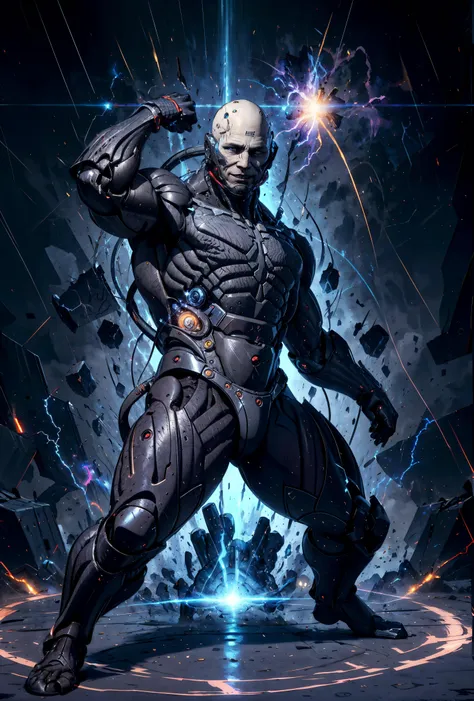 <lora:ThunderMagic:0.4> thundermagic, excessive energy, (masterpiece, best quality, realistic, detailed:1.2), 1boy, <lora:sundowner_LoKr_v1-01:0.8> mgrsundowner, android, cyborg, bald, barcode tattoo, muscular, manic smile,r <lora:DBKiCharge:0.4> Ki Charge, aura, fighting stance, red aura,