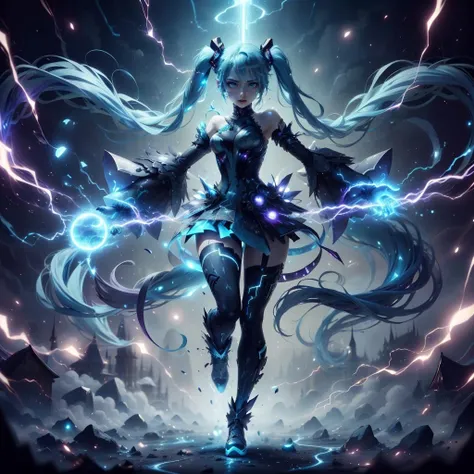 <lora:ThunderMagic-22:0.8>, thundermagic , excessive energy ,  charged aura,
1girl, cyan glowing hair, blue eyes, glowing eyes,
fantasy, dissolving, wrath, full body, female,   enchanted outfit , hatsune miku, twintails,
