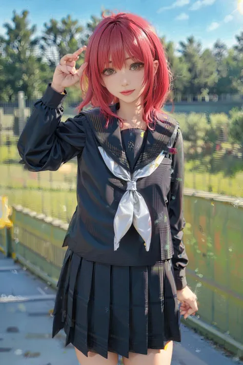 1girl, uranohoshi school uniform, school uniform, winter uniform, black shirt, black skirt, long sleeves, white neckerchief, pleated skirt, sailor collar, solo, long hair, standing, <lora:LoveLiveSunshineSchoolUniformBlack:0.8>, upper body, (smile:0.7), looking at viewer, long hair, outdoors, noon, streets, sunshine, standing, beautiful face, (cowboy shot), 8k, hdr, ultra highres, masterpiece,(realistic), highly detailed CG unified 8K wallpapers, (HQ skin:1.2),8k uhd, dslr, high quality, beautiful skin, attractive, ultra-high resolution, ultra-realistic, high-definition, close-up, dynamic pose, close-up,
