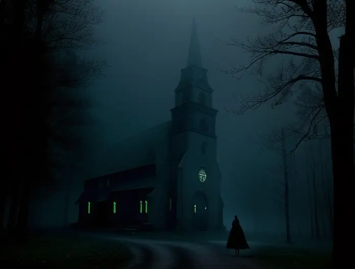 <lora:burton:1>tm style, landscape of a church surrounded by dark forests at night  a woman from the 1800s walking alone, tim burton movie frame, cinematic, a lot of haze, volumetric lights, realistic, 8k