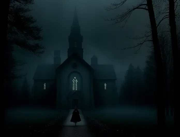 <lora:burton:1>tm style, landscape of a church surrounded by dark forests at night a woman from the 1800s walking alone, tim burton movie frame, cinematic, a lot of haze, volumetric lights, realistic, 8k