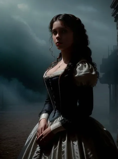 <lora:burton:1>tm style, a beautiful woman from the year 1800 in a dress of the time,movie frame, cinematic, a lot of haze, volumetric lights, realistic, 8k
