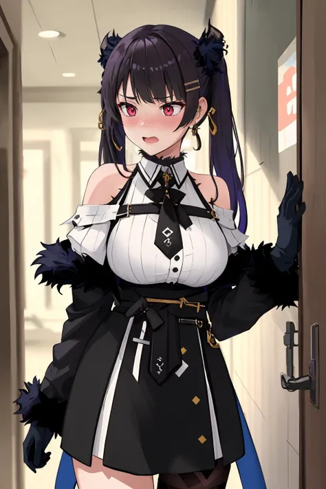 masterpiece, best quality, Nerissa, 1girl, upper body, large breasts, gloves, shirt, off shoulder, bare shoulders, fur trim, jacket, skirt, twintails, embarrassed, blushing, <lora:NerissaRavencroftV1-000090:0.9>, standing,