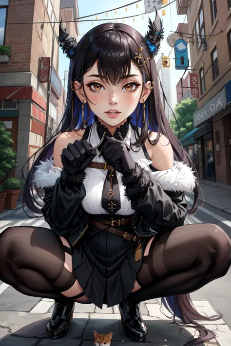 (masterpiece, best quality),  intricate details,
1girl,        <lora:NerissaRavencroftV1-000090:0.8> Nerissa, shirt, gloves, off shoulder, bare shoulders, fur trim, jacket, skirt, single leg pantyhose, asymmetrical legwear, uneven legwear,
  squatting, public, street, legs spread, paw pose,  <lora:eager_pet_pose_v1:0.8> eager pet pose,