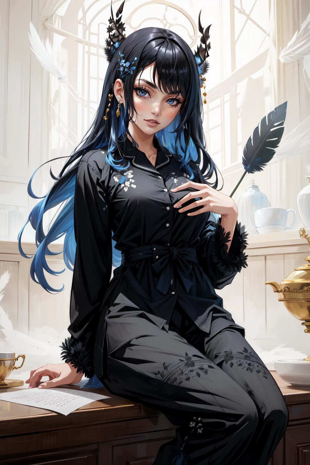 (masterpiece, best quality), intricate details,
1girl, <lora:NerissaRavencroftV1-000090:0.8> Nerissa, black hair, blue hair, long hair, feathers,
<lora:pajamas-10:0.8> black pajamas,