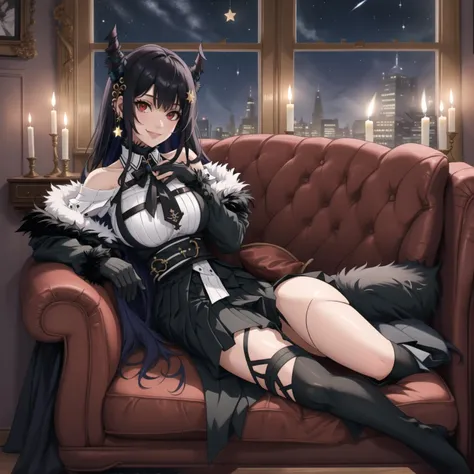 (masterpiece, best quality, perfect face, perfect eyes, fullbody, Nerissa), 1girl, long hair, huge breasts, single leg pantyhose, asymmetrical legwear, uneven legwear, skirt, gloves, shirt, off shoulder, bare shoulders, red eyes, fur trim, jacket, indoors, lying on couch, lying on side, hands on own chest, smile, window, night, stars, candles, fireplace, <lora:NerissaRavencroftV1-000090:0.9>