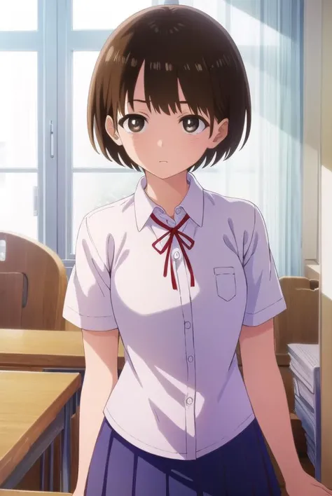 chihirokobayashi, <lora:chihiro kobayashi s1-lora-nochekaiser:1>,
chihiro kobayashi, short hair, brown hair, (brown eyes:1.5),
BREAK skirt, shirt, school uniform, pleated skirt, socks, white socks, white shirt, collared shirt, ribbon, red ribbon, short sleeves,
BREAK indoors, classroom,
BREAK looking at viewer, (cowboy shot:1.5),
BREAK <lyco:GoodHands-beta2:1>, (masterpiece:1.2), best quality, high resolution, unity 8k wallpaper, (illustration:0.8), (beautiful detailed eyes:1.6), extremely detailed face, perfect lighting, extremely detailed CG, (perfect hands, perfect anatomy),