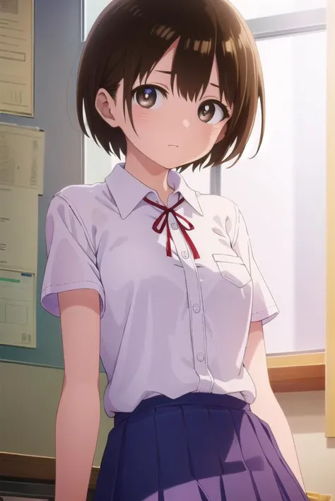 chihirokobayashi, <lora:chihiro kobayashi s1-lora-nochekaiser:1>,
chihiro kobayashi, short hair, brown hair, (brown eyes:1.5),
BREAK skirt, shirt, school uniform, pleated skirt, socks, white socks, white shirt, collared shirt, ribbon, red ribbon, short sleeves,
BREAK indoors, classroom,
BREAK looking at viewer, (cowboy shot:1.5),
BREAK <lyco:GoodHands-beta2:1>, (masterpiece:1.2), best quality, high resolution, unity 8k wallpaper, (illustration:0.8), (beautiful detailed eyes:1.6), extremely detailed face, perfect lighting, extremely detailed CG, (perfect hands, perfect anatomy),