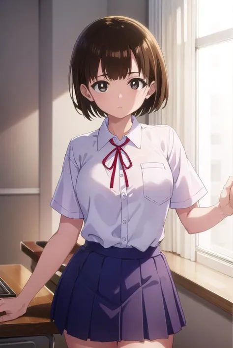 chihirokobayashi, <lora:chihiro kobayashi s1-lora-nochekaiser:1>,
chihiro kobayashi, short hair, brown hair, (brown eyes:1.5),
BREAK skirt, shirt, school uniform, pleated skirt, socks, white socks, white shirt, collared shirt, ribbon, red ribbon, short sleeves,
BREAK indoors, classroom,
BREAK looking at viewer, (cowboy shot:1.5),
BREAK <lyco:GoodHands-beta2:1>, (masterpiece:1.2), best quality, high resolution, unity 8k wallpaper, (illustration:0.8), (beautiful detailed eyes:1.6), extremely detailed face, perfect lighting, extremely detailed CG, (perfect hands, perfect anatomy),