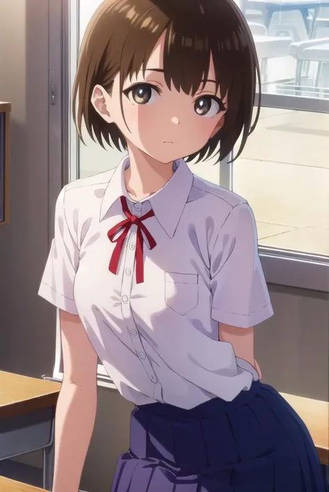 chihirokobayashi, <lora:chihiro kobayashi s1-lora-nochekaiser:1>,
chihiro kobayashi, short hair, brown hair, (brown eyes:1.5),
BREAK skirt, shirt, school uniform, pleated skirt, socks, white socks, white shirt, collared shirt, ribbon, red ribbon, short sleeves,
BREAK indoors, classroom,
BREAK looking at viewer, (cowboy shot:1.5),
BREAK <lyco:GoodHands-beta2:1>, (masterpiece:1.2), best quality, high resolution, unity 8k wallpaper, (illustration:0.8), (beautiful detailed eyes:1.6), extremely detailed face, perfect lighting, extremely detailed CG, (perfect hands, perfect anatomy),