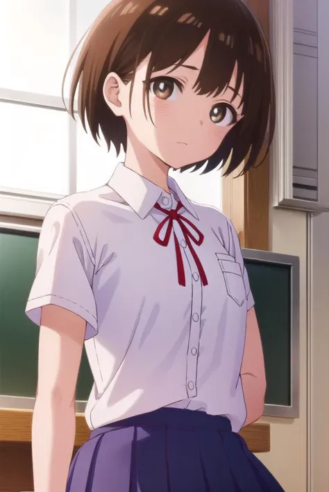 chihirokobayashi, <lora:chihiro kobayashi s1-lora-nochekaiser:1>,
chihiro kobayashi, short hair, brown hair, (brown eyes:1.5),
BREAK skirt, shirt, school uniform, pleated skirt, socks, white socks, white shirt, collared shirt, ribbon, red ribbon, short sleeves,
BREAK indoors, classroom,
BREAK looking at viewer, (cowboy shot:1.5),
BREAK <lyco:GoodHands-beta2:1>, (masterpiece:1.2), best quality, high resolution, unity 8k wallpaper, (illustration:0.8), (beautiful detailed eyes:1.6), extremely detailed face, perfect lighting, extremely detailed CG, (perfect hands, perfect anatomy),