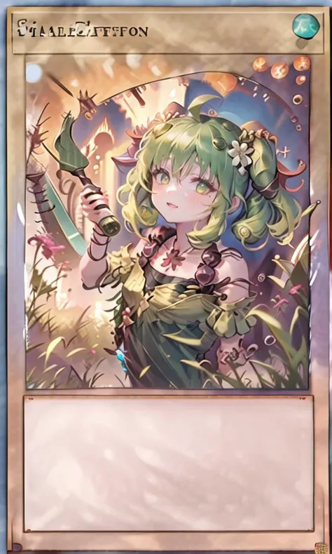 ((masterpiece,best quality)),(extremely detailed CG, unity, 8k wallpaper:1.1),traptrixsera, twintails,1girl,cute,solo,flat chest,yellow hair,smile,small breast,looking at viewer,green hair,tree,grass,forest,naughty face,flowers,stone, <lora:yuGiOhTraptrixSera_v10:1.2><lora:gachaSplashLORA_gachaSplash31:0.8> <lora:LuisapYUGIOHLORA1MB_v1:1>