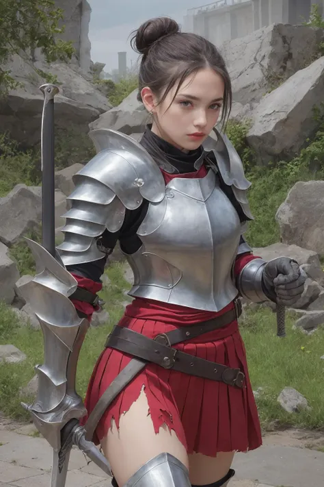 best quality,masterpiece,highly detailed,ultra-detailed,  weapon, armor, holding weapon,
ambiguous gender, armor, armored boots, axe, full armor, gauntlets, greaves, grey eyes, headwear removed,, holding sword, holding weapon, knight, pauldrons, planted sword, red skirt, ribbon, scabbard, sheath, shoulder armor,  single hair bun, solo,, sword, torn clothes, vambraces, weapon, weapon over shoulder,ruins,oudoor,
 <lora:knight:0.7>
