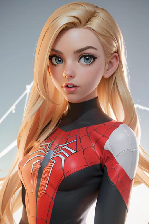 <lora:LexiBelle1:0.7> as cartoon character, sfw, dressed, blonde, black top, turtleneck, curvy, upper body, intricate, sharp focus, soft lighting, vibrant colors, masterpiece, (frontal), detailed eyes, advertising studio lights, frontal led light ring, smooth shadows, bokeh background, Hyper Realistic Photography, Hyperdetail, UHD, Color Correction, HDR, color grading, hyper realistic (white background) <lora:attire_spider-man:0.8> (spider suit, spider web print, spider web,)