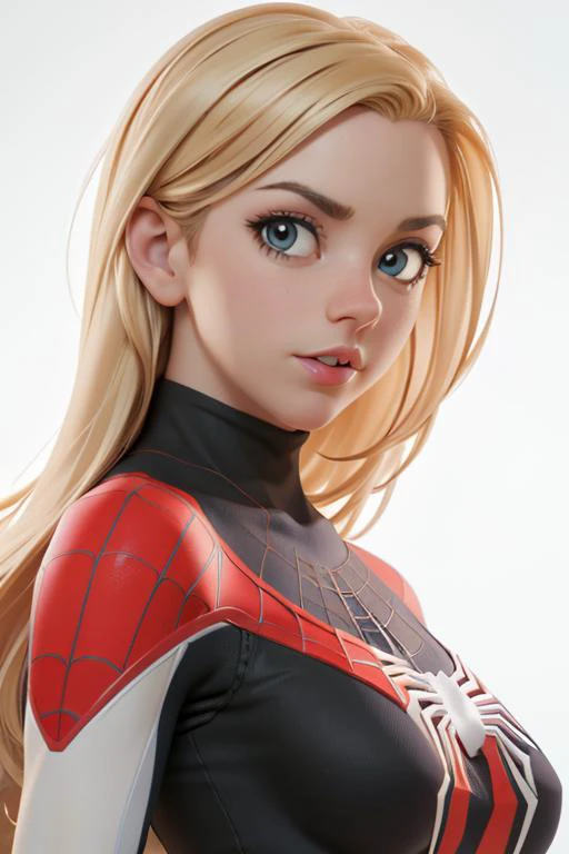 <lora:LexiBelle1:0.7> as cartoon character, sfw, dressed, blonde, black top, turtleneck, curvy, upper body, intricate, sharp focus, soft lighting, vibrant colors, masterpiece, (frontal), detailed eyes, advertising studio lights, frontal led light ring, smooth shadows, bokeh background, Hyper Realistic Photography, Hyperdetail, UHD, Color Correction, HDR, color grading, hyper realistic (white background) <lora:attire_spider-man:0.8> (spider suit, spider web print, spider web,)