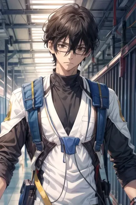 masterpiece, best quality, wallpaper, 1boy, solo, male focus, looking at viewer, upper body, , <lora:momo_sakaki:0.72>, momo_sakaki, black hair, brown eyes, hair between eyes, glasses, , hard science fiction,