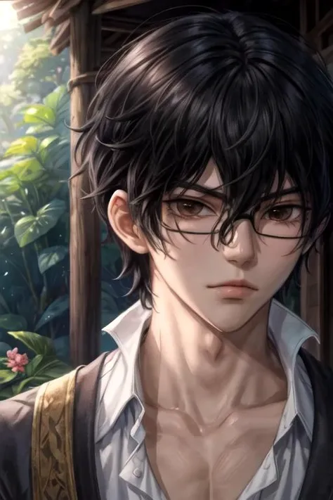 masterpiece, best quality, illustration, 1boy, solo, male focus, looking at viewer, , depth of field, <lora:momo_sakaki:0.68>, momo_sakaki, black hair, brown eyes, hair between eyes, , , , Shambhala: A hidden paradise where enlightened beings live in perfect harmony,