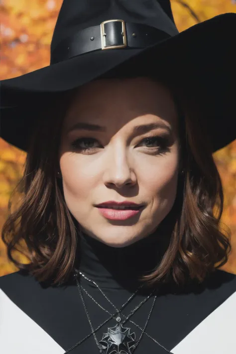 photo of ssk as a witch, (black witch outfit), evil smile, pointing at person, fall season background, fine-face, realistic shaded perfect face, fine details. Realistic shaded lighting poster by Ilya Kuvshinov katsuhiro, magali villeneuve, artgerm, Jeremy Lipkin and Michael Garmash, Rob Rey and Kentar Miura style, trendin,<lyco:SarahSnook-RealVision-V1.0:1.0>