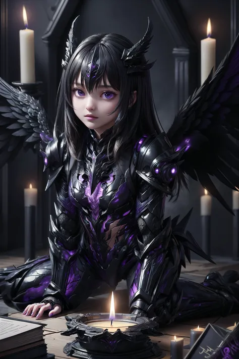 masterpiece, best quality, best quality, 1girl, solo, angels, fallen angel, night, candle, candlelight <lora:DraconicTech:1>, (black armor suit:1.2), book, phosphoric, (purple magic ring backdrop:1.2),