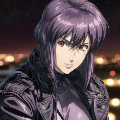 <lora:kusasagimotoko:1>, Motoko Kusanagi, purple hair, red eyes, jacket, leotard, 8k, city background, night, stars, moon, perfect detail, <lora:epiNoiseoffset_v2:1> <lora:more_details:1>, head shot, close up portrait:1.3, zoomed in, looking at viewer:1.3, smiling