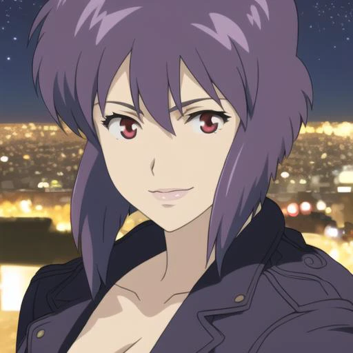 <lora:kusasagimotoko:1>, Motoko Kusanagi, purple hair, red eyes, cropped jacket, leotard, 8k, tokyo city street background, night, stars, moon, perfect detail, <lora:epiNoiseoffset_v2:1>, head shot, close up portrait:1.3, zoomed in, looking at viewer:1.3, smiling