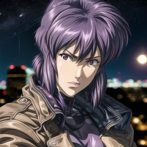 <lora:kusasagimotoko:1>, Motoko Kusanagi, purple hair, red eyes, jacket, leotard, 8k, realistic, city background, night, stars, moon, perfect detail, <lora:epiNoiseoffset_v2:1> <lora:more_details:1>, head shot, close up portrait, zoomed in, looking at camera